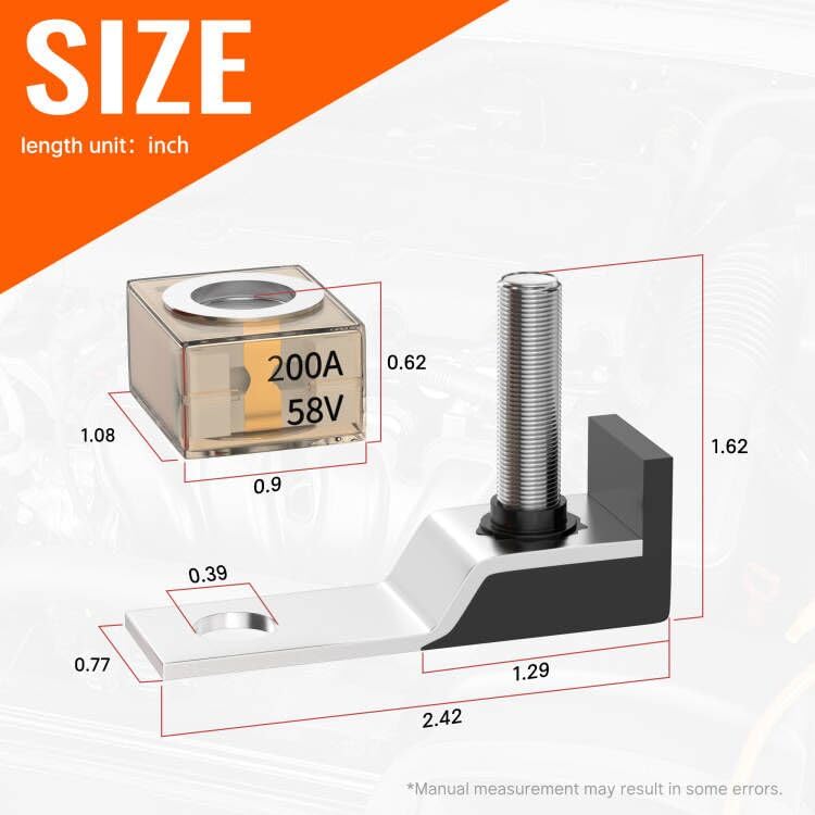 Battery Terminal Fuse Block Kit 200A 58V Mrbf Terminal Fuse Block with Single Stud 5/16"(M8) Marine Rated Battery Fuse and Waterproof Cap for Boat Truck RV Construction Vehicles