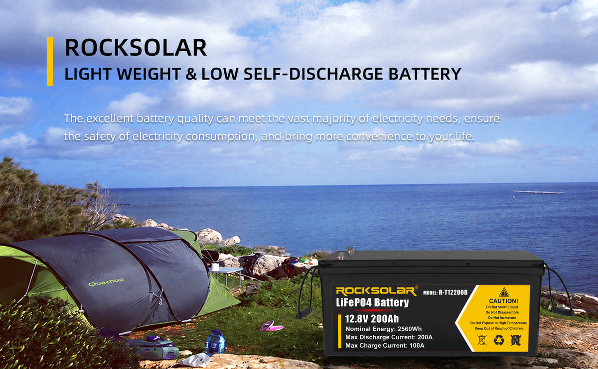 ROCKSOLAR R-T12200B 12.8V 200Ah LiFePO4 battery in a camping scene — 2560Wh, 200A maximum discharge and 100A maximum charging