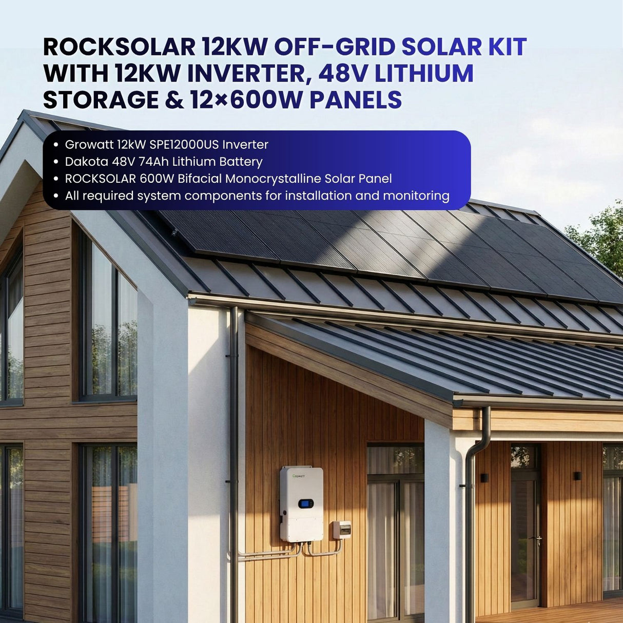 Rocksolar 12kW Off-Grid Solar Kit with Hybrid Inverter, 48V Lithium Storage & 12×600W Panels