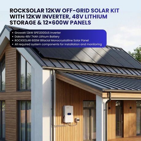Rocksolar 12kW Off-Grid Solar Kit with Hybrid Inverter, 48V Lithium Storage & 12×600W Panels