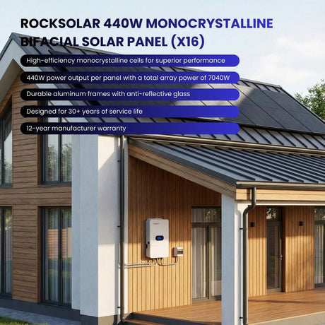 440w Solar panel on a house exterior with product details overlay