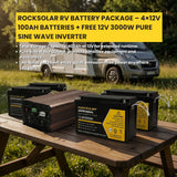 RockSolar RV battery package with inverters on a picnic table outdoors, featuring a van in the background.