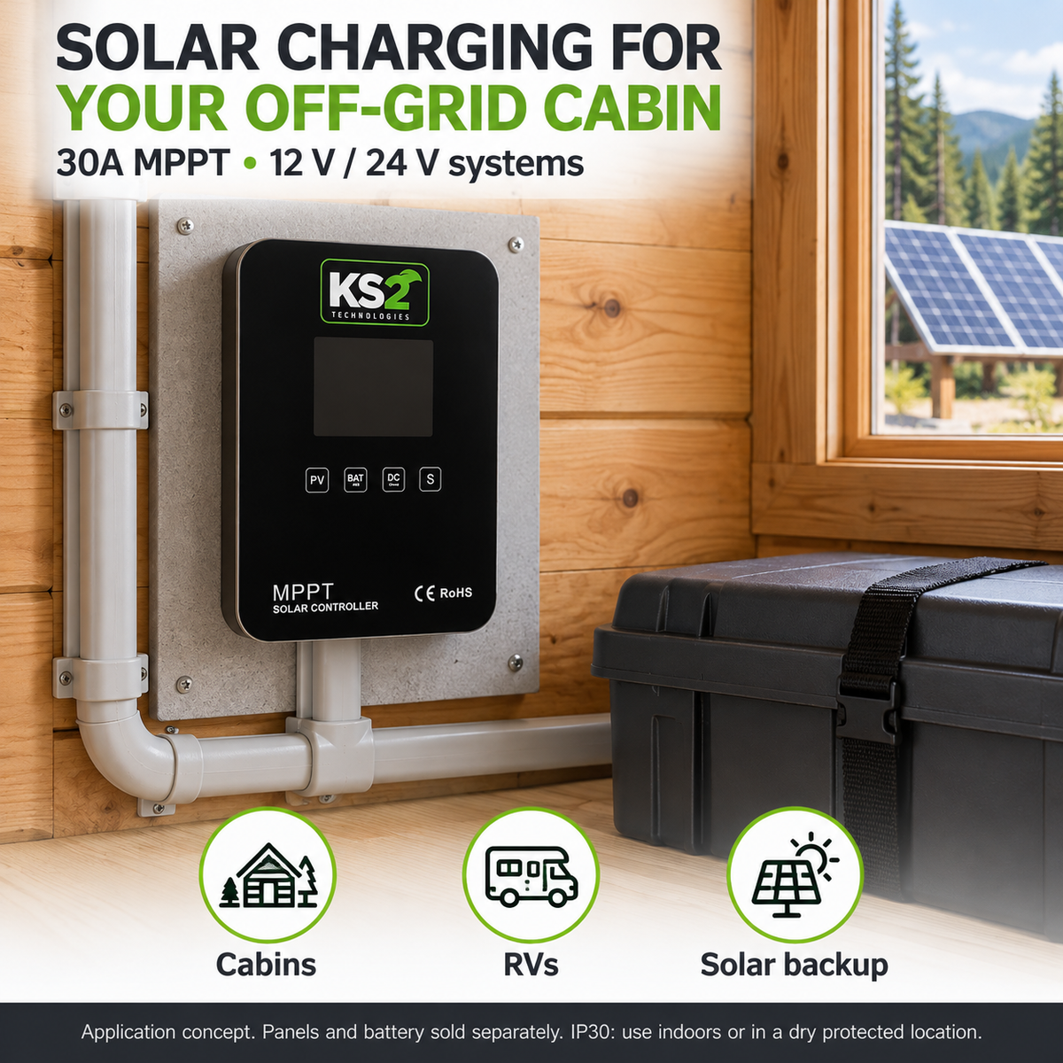 ROCKSOLAR 30A MPPT Solar Charge Controller — real-world application concept; site requirements and system configuration vary