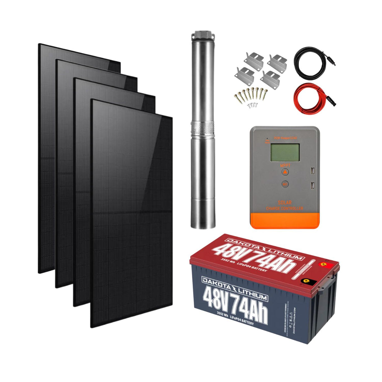 RockSolar DC Water Pump Package for Cattle & Ranch Use – 0.8HP Submersible Pump + 48V 74Ah Battery + 4×440W Solar Panels