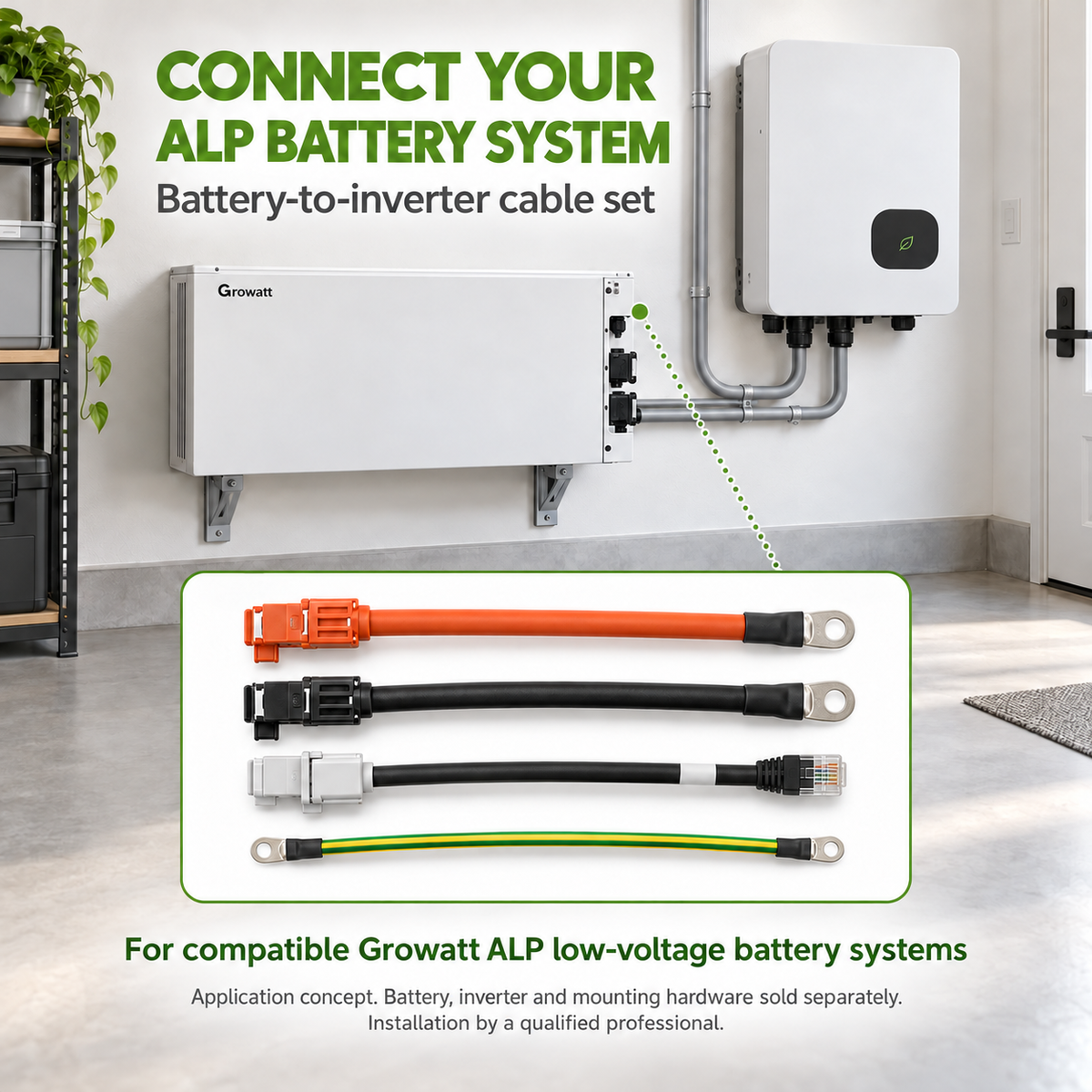 Growatt ALP battery-to-inverter cable set application concept with wall-mounted ALP battery and generic inverter; battery, inverter and mounting hardware sold separately