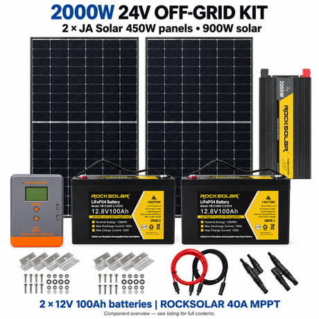 2000W 24V kit with two JA Solar 450W panels, two 12V 100Ah batteries and ROCKSOLAR 40A MPPT