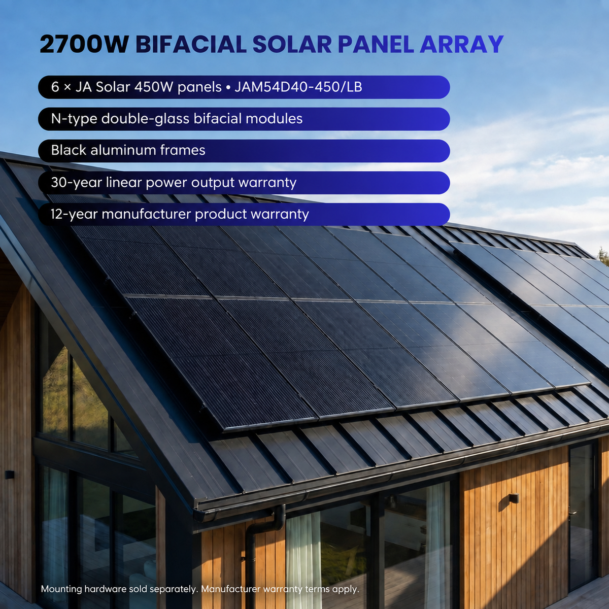 Six JA Solar JAM54D40-450/LB 450W panels, 2700W total, for the 3.5kW off-grid kit