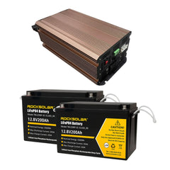 Paquete de baterías Rocksolar para autocaravanas: 2 baterías de 12 V y 200 Ah + inversor de onda sinusoidal pura de 12 V y 3000 W gratis