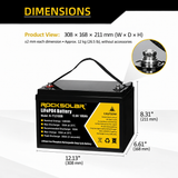 ROCKSOLAR R-T12100B 100Ah battery — 308 × 168 × 211 mm dimensions, approximately 12 kg