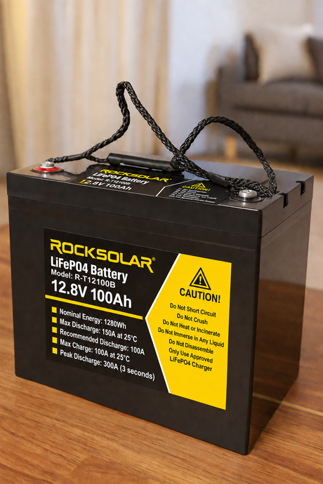 ROCKSOLAR R-T12100B 100Ah battery — angled view