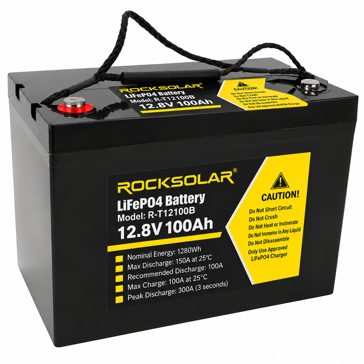 ROCKSOLAR R-T12100B 100Ah battery — top and front view
