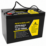 ROCKSOLAR R-T12100B 100Ah battery — top and front view