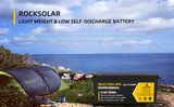 ROCKSOLAR R-T12200B 12.8V 200Ah LiFePO4 battery in a camping scene — 2560Wh, 200A maximum discharge and 100A maximum charging