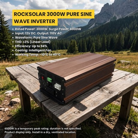 ROCKSOLAR 3000W inverter: 12V DC input, 110V AC output, operating temperature -10°C to 40°C.