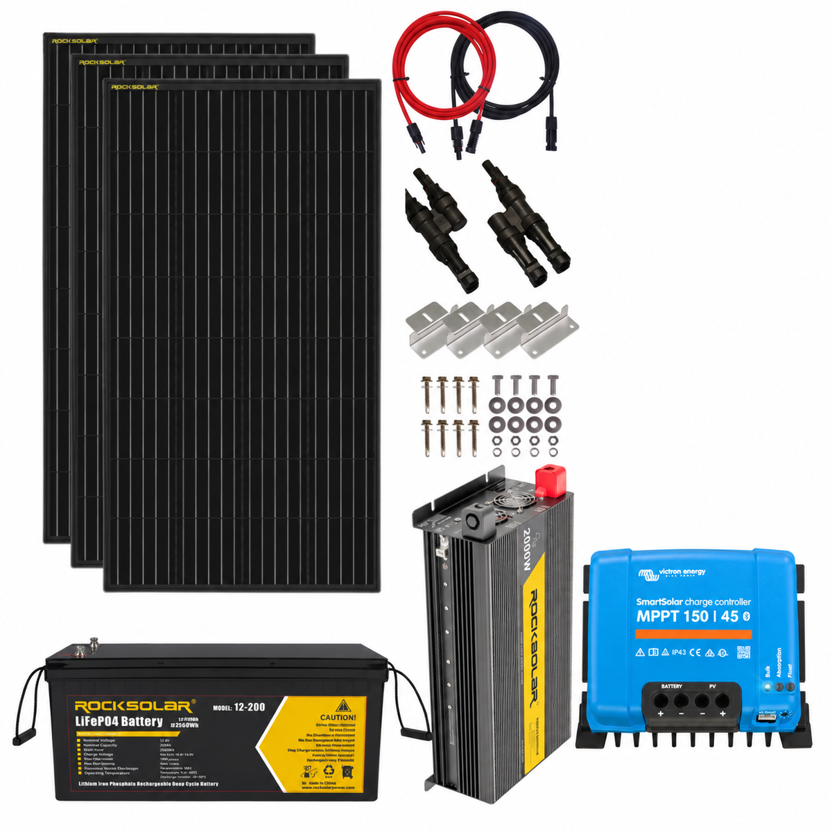 ROCKSOLAR 2000W RV solar kit with three 200W panels, 200Ah battery and Victron SmartSolar MPPT 150/45 controller